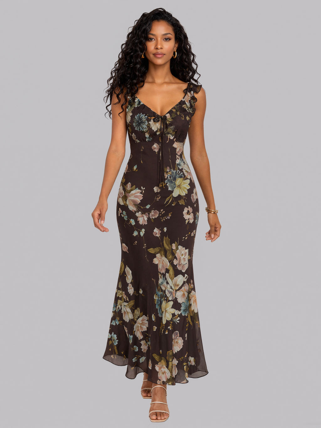 Vintage Floral Ruffle Strap Front Tie Mermaid Midi Chiffon Dress