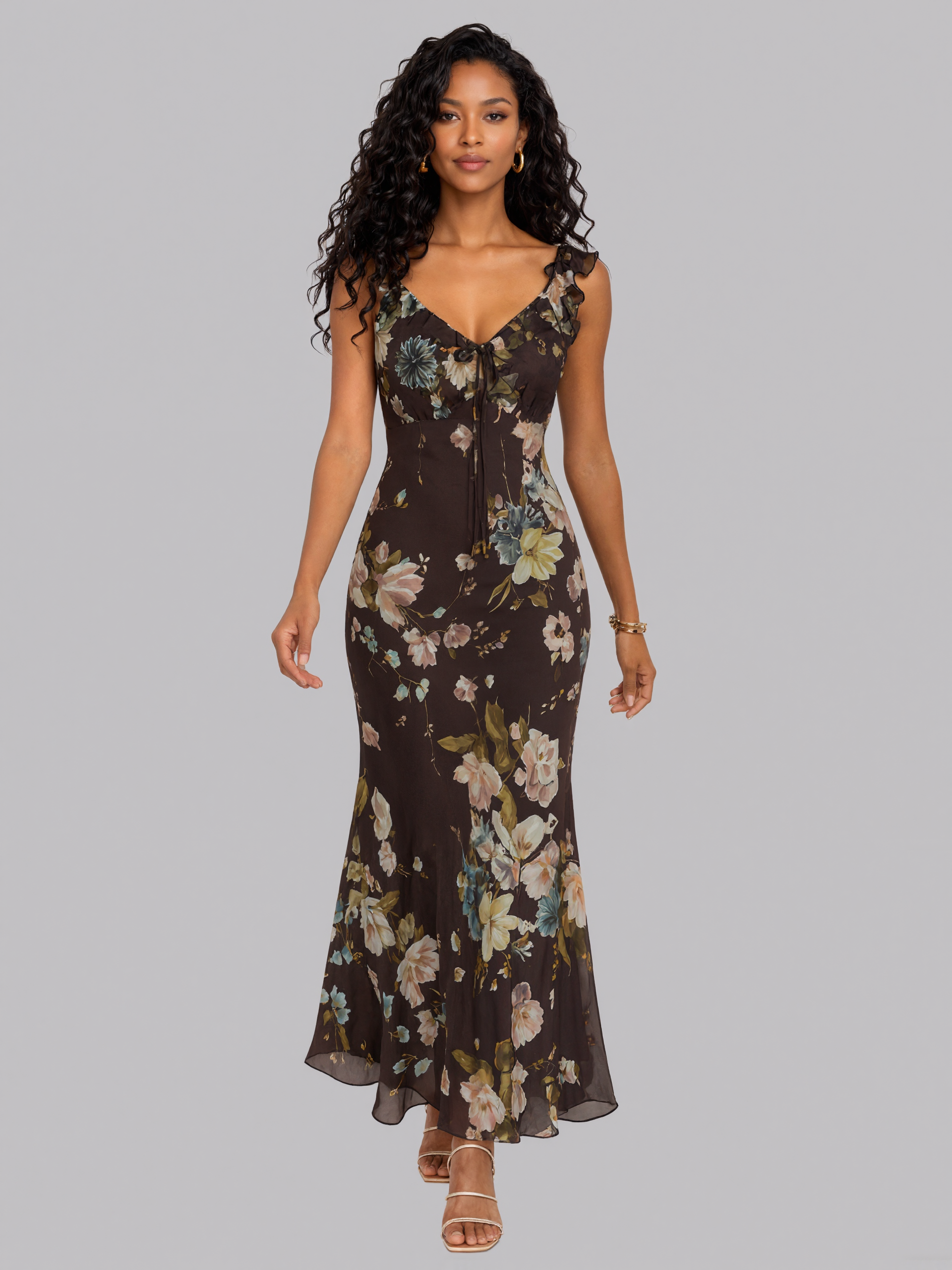 Vintage Floral Ruffle Strap Front Tie Mermaid Midi Chiffon Dress