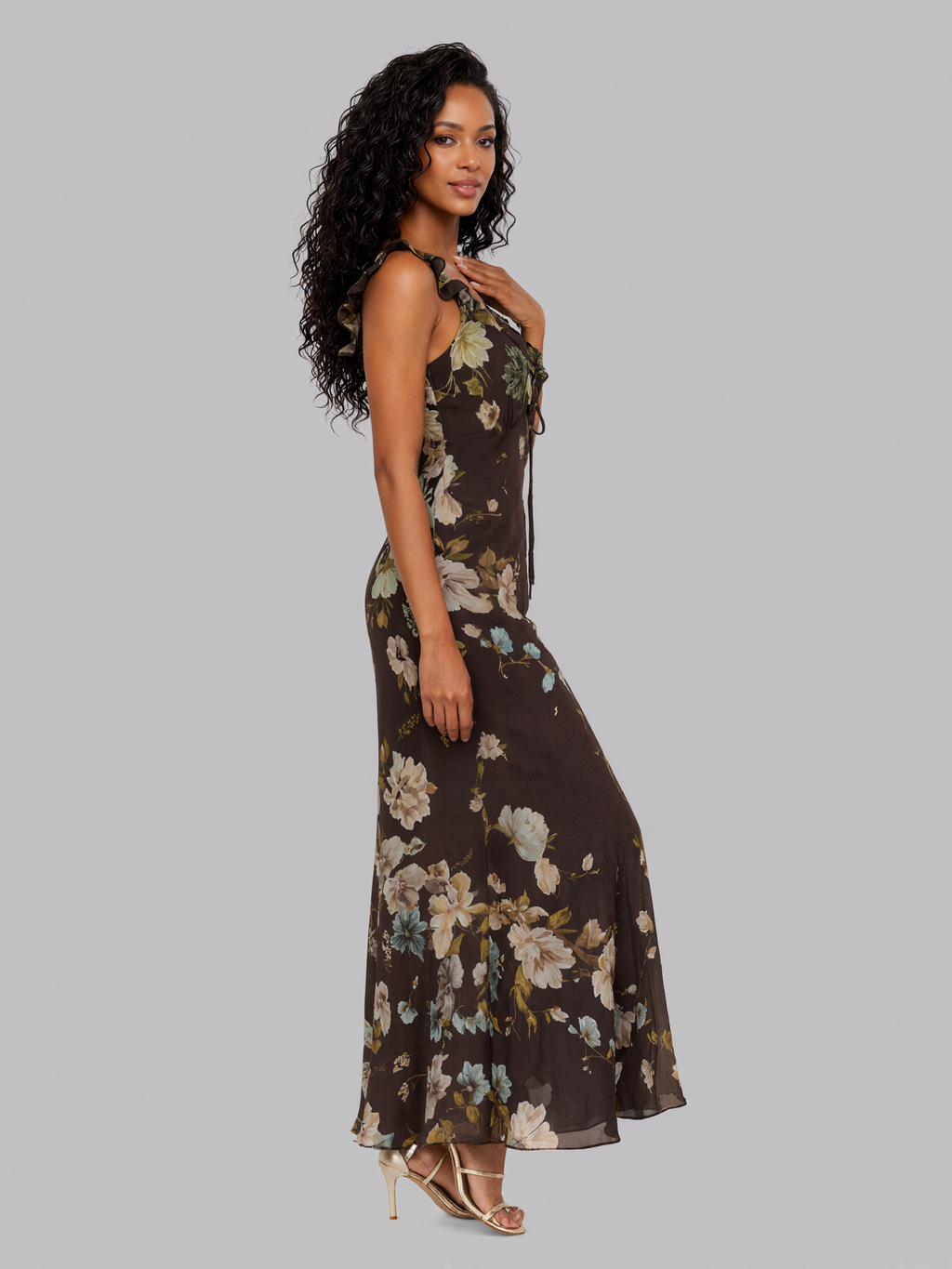 Vintage Floral Ruffle Strap Front Tie Mermaid Midi Chiffon Dress
