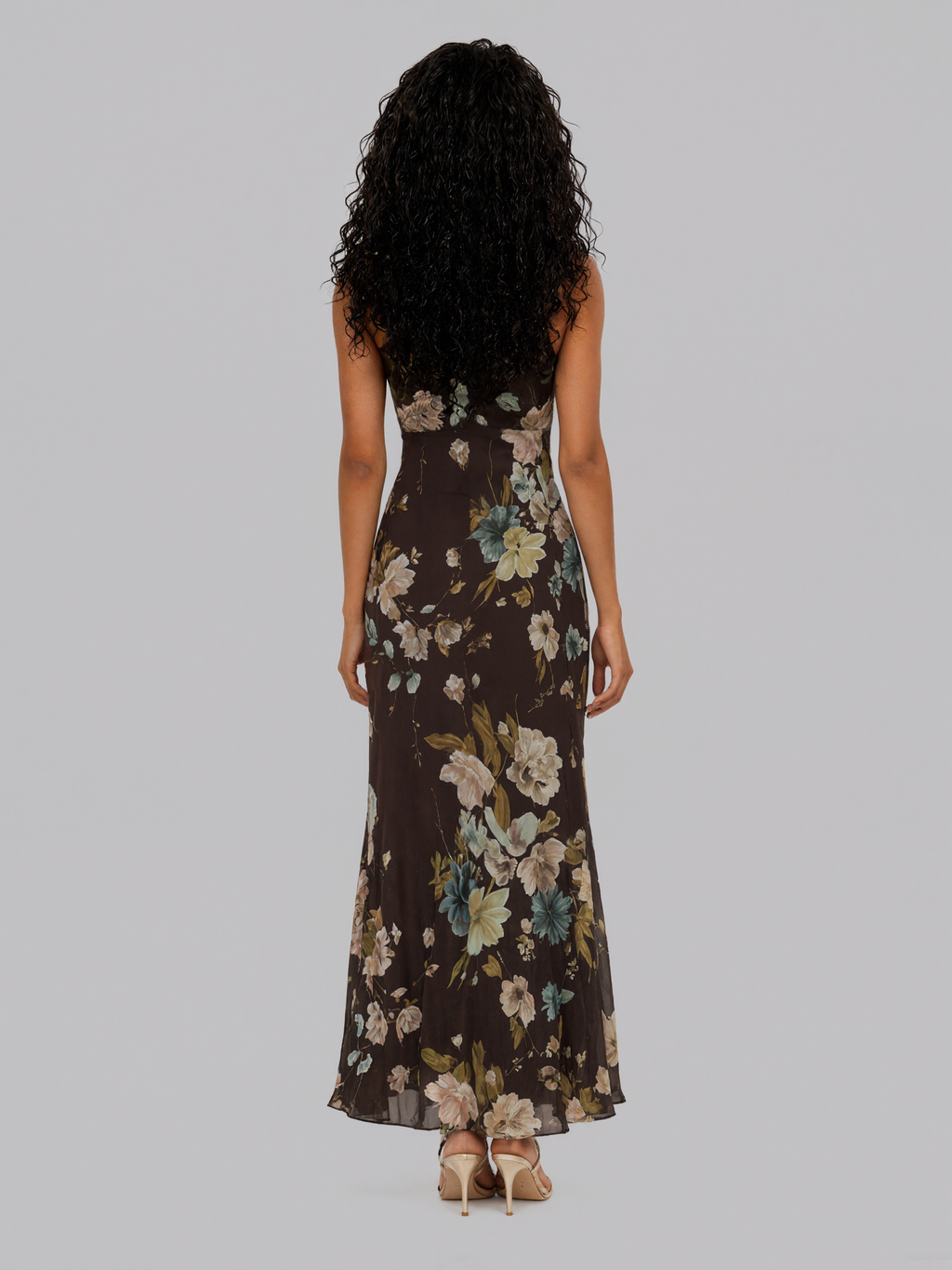 Vintage Floral Ruffle Strap Front Tie Mermaid Midi Chiffon Dress