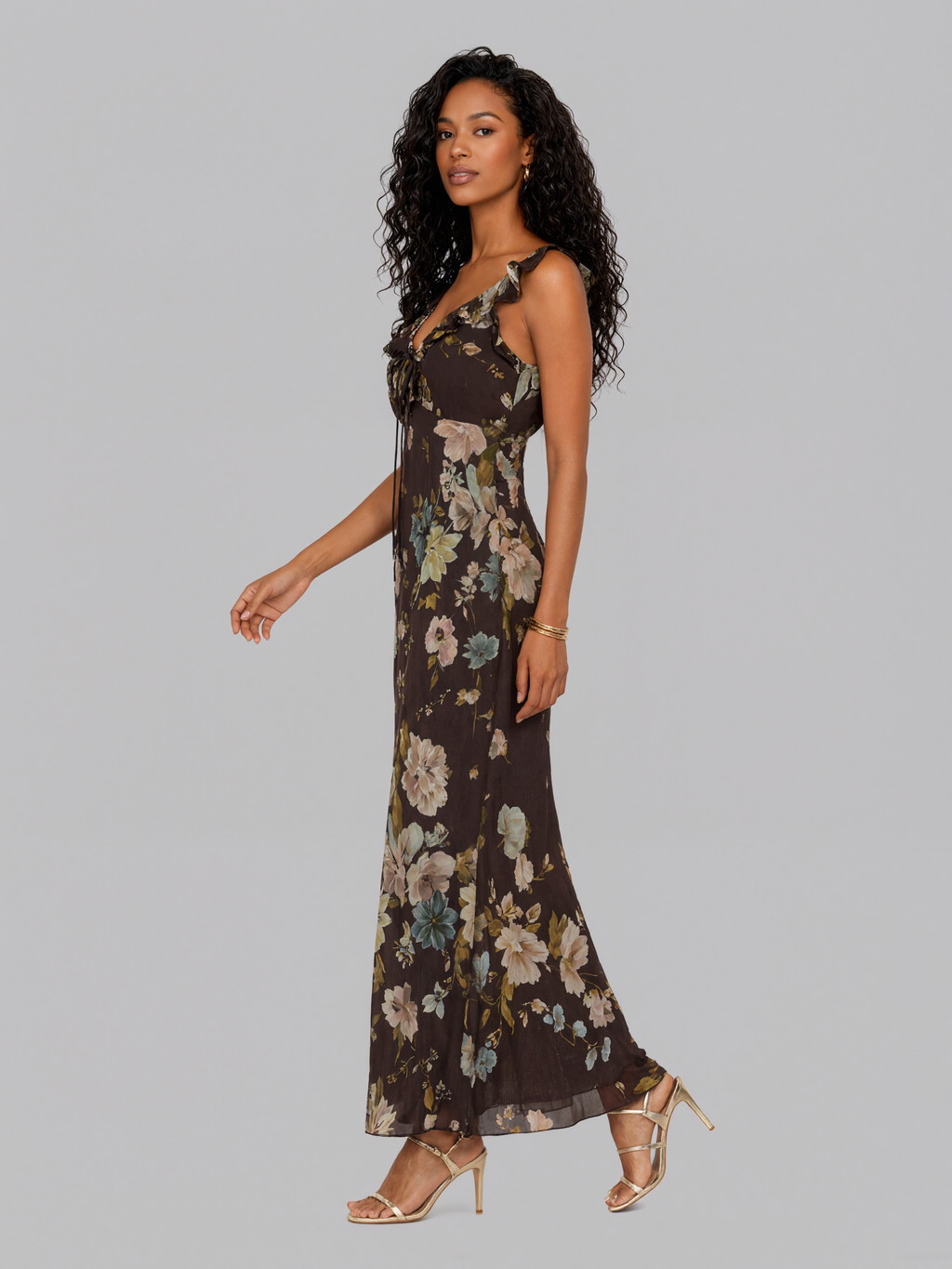 Vintage Floral Ruffle Strap Front Tie Mermaid Midi Chiffon Dress