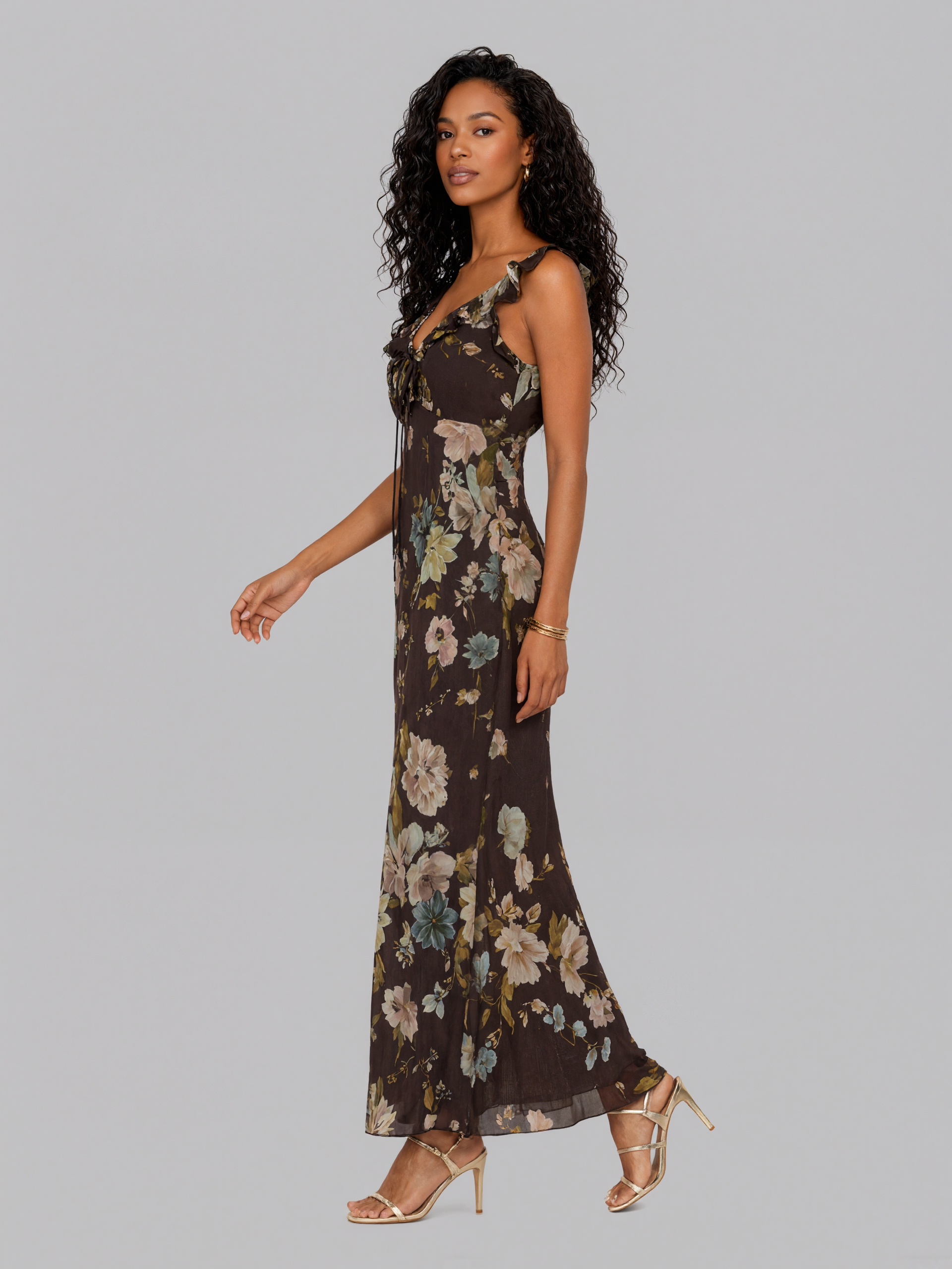 Vintage Floral Ruffle Strap Front Tie Mermaid Midi Chiffon Dress