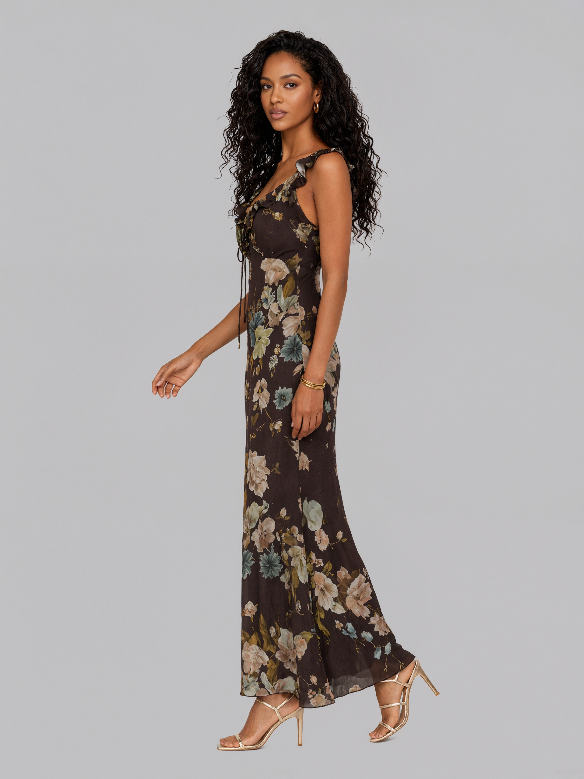 Vintage Floral Ruffle Strap Front Tie Mermaid Midi Chiffon Dress
