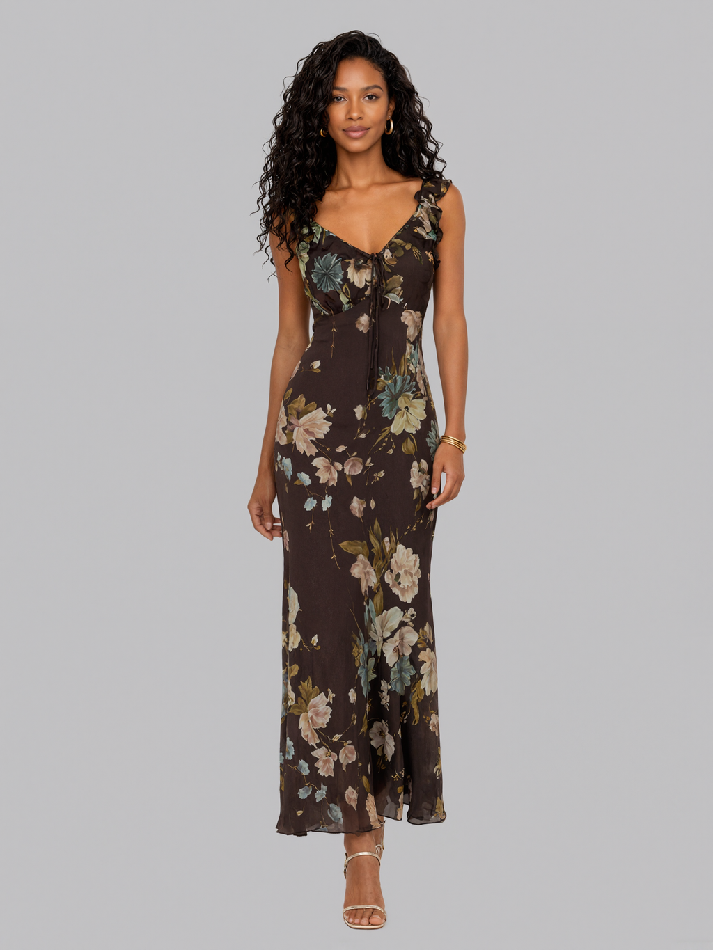 Vintage Floral Ruffle Strap Front Tie Mermaid Midi Chiffon Dress