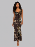 Vintage Floral Ruffle Strap Front Tie Mermaid Midi Chiffon Dress