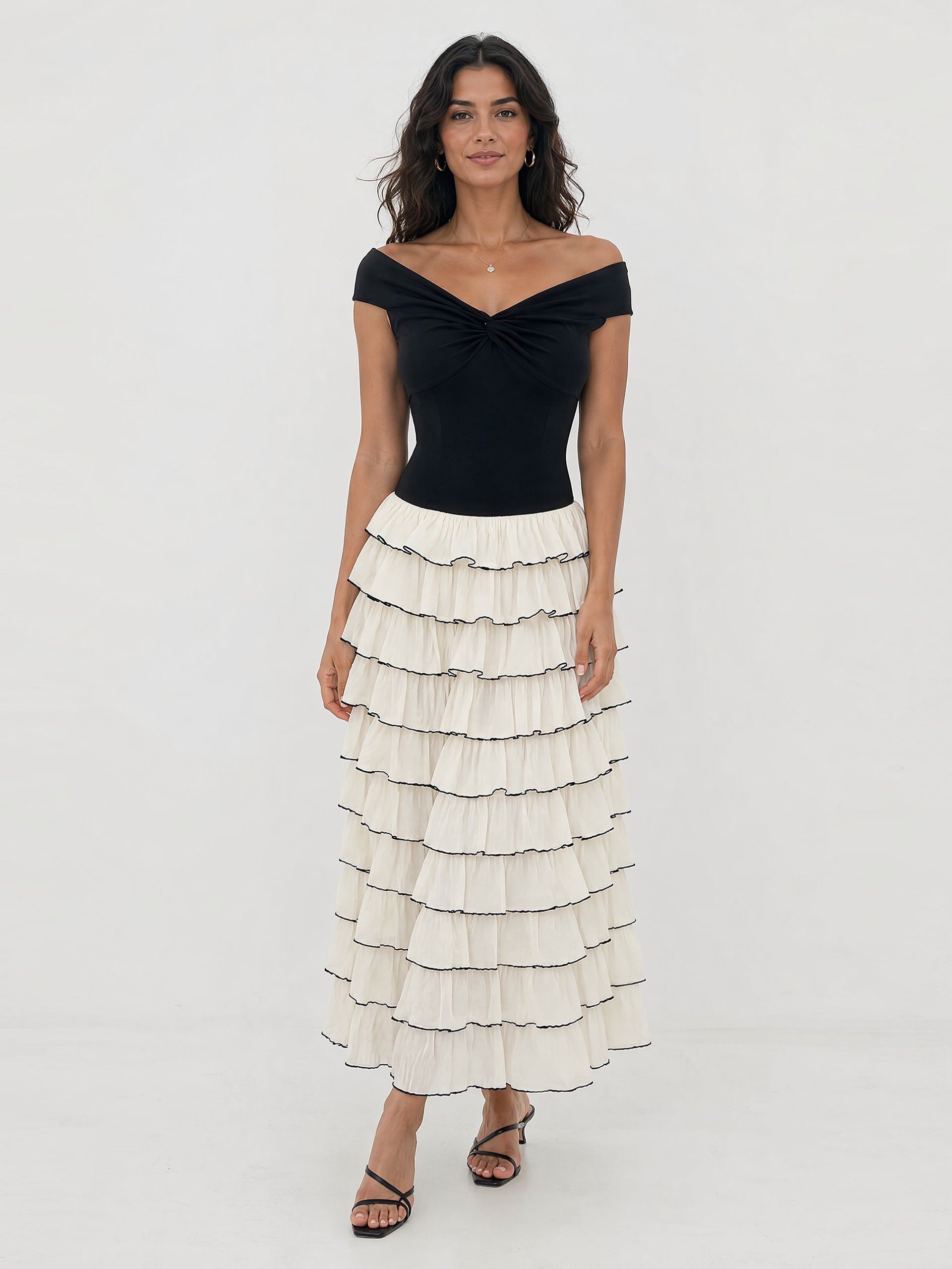 Monochrome Ruffle Maxi Dress